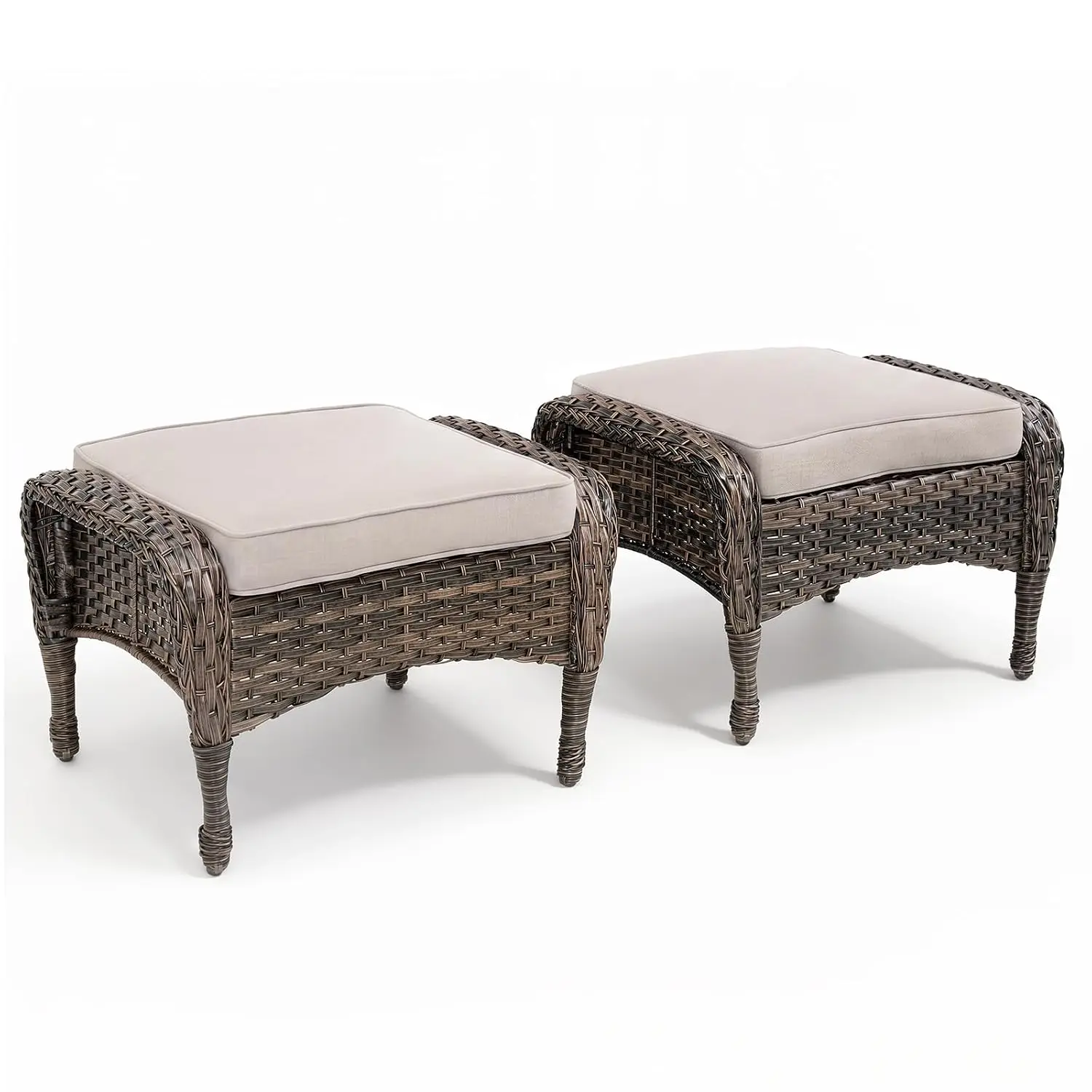 2pc Outdoor Wicker Ottoman Thick Cushion All Weather PE Rattan Footrest Stool Handwoven Patio Seat Porch Deck, Customized