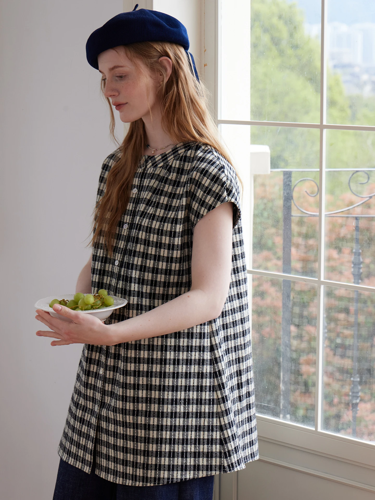 

WovenYonder Japanese Style round Neck Embroidered Linen Cotton Shirt Black White Grids Loose Fit Mid-Length Women's Top