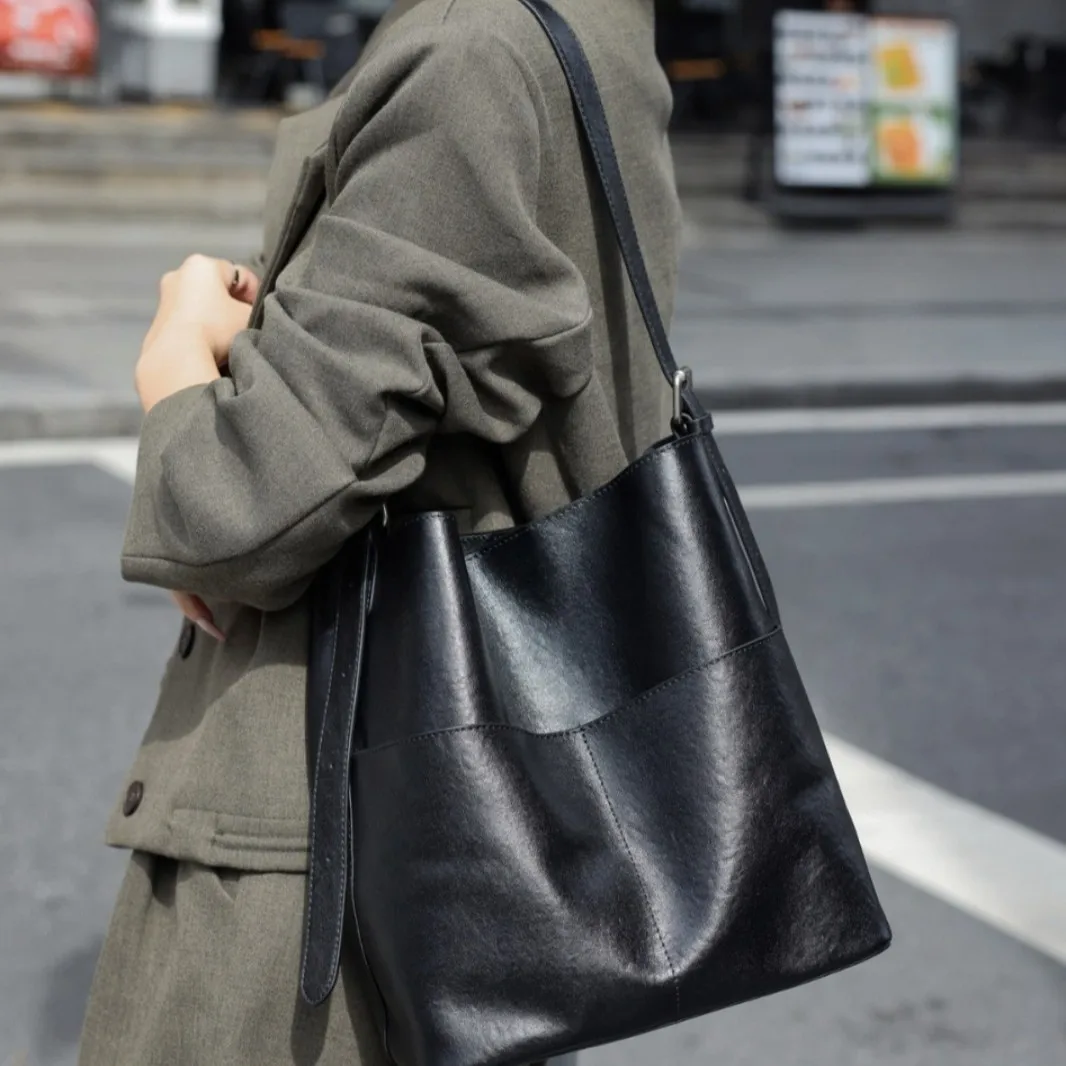 Autumn Winter New Top Layer Cowhide Genuine Leather Women Bag Niche All-match High-end Design Shoulder Underarm Bucket Bag