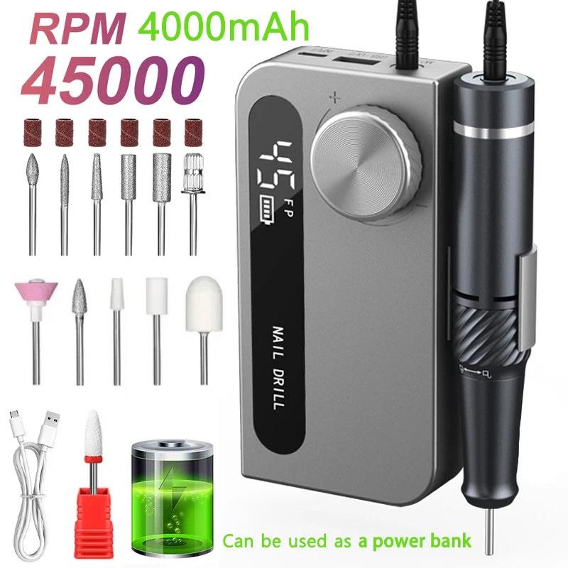 

Portable 45000RPM Electric Nail Drills Machine Pro 4000mAh Long battery life Rechargeable Gel Nail Polishing File Manicure Tool