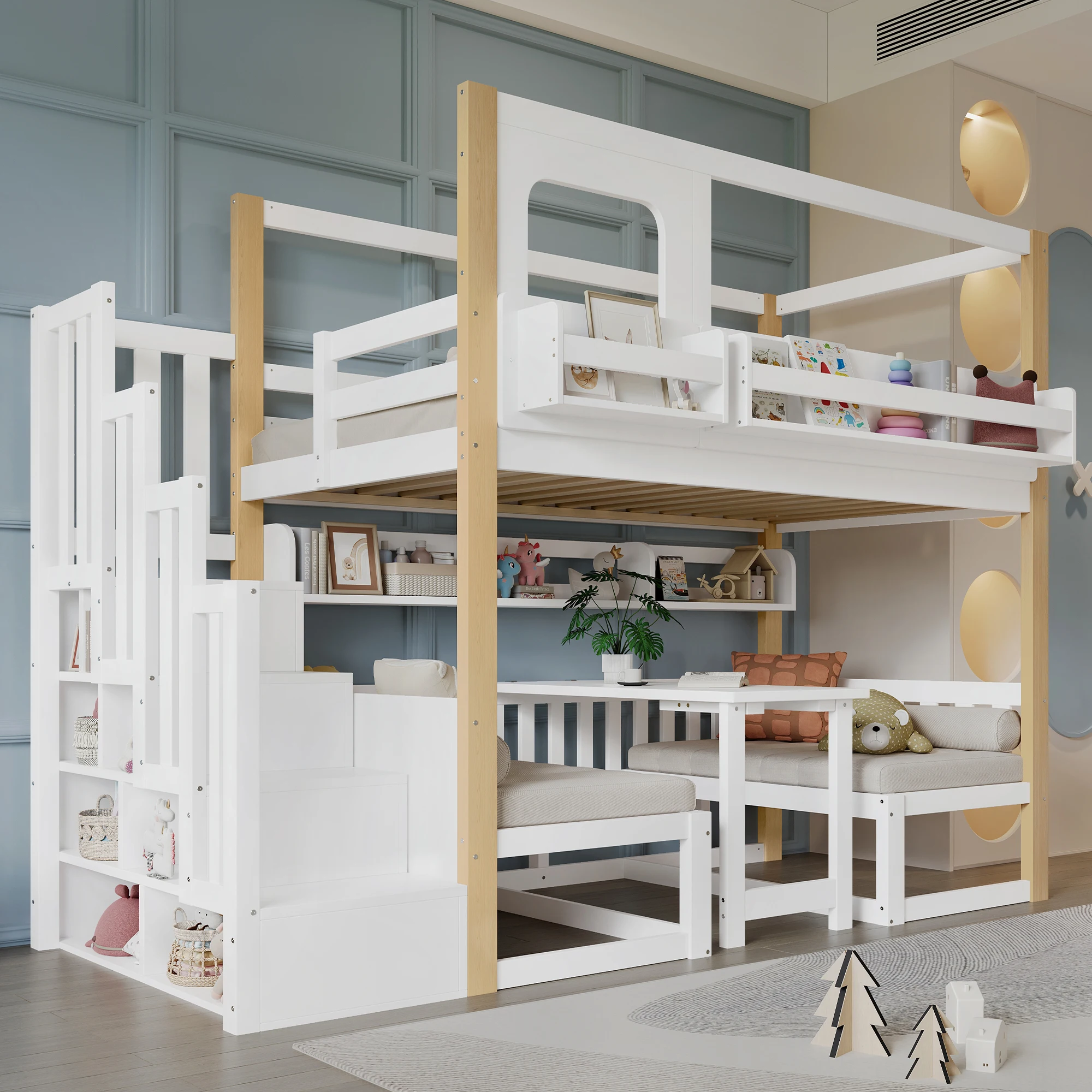Multifunktionales Kinder-Hochbett mit höhenverstellbarem Schreibtisch, Aufbewahrungstreppen, Bücherregal, Sicherheitsgeländern, Massivholz, Weiß & Naturfarben, 90x200cm
