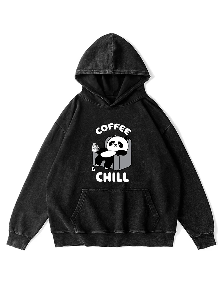 Coffee Chill Cute Panda Cartoon Print Mens Distressed Washed Cotton Hoodies Autumn Simple Comfortable Soft Warm Clothes Male