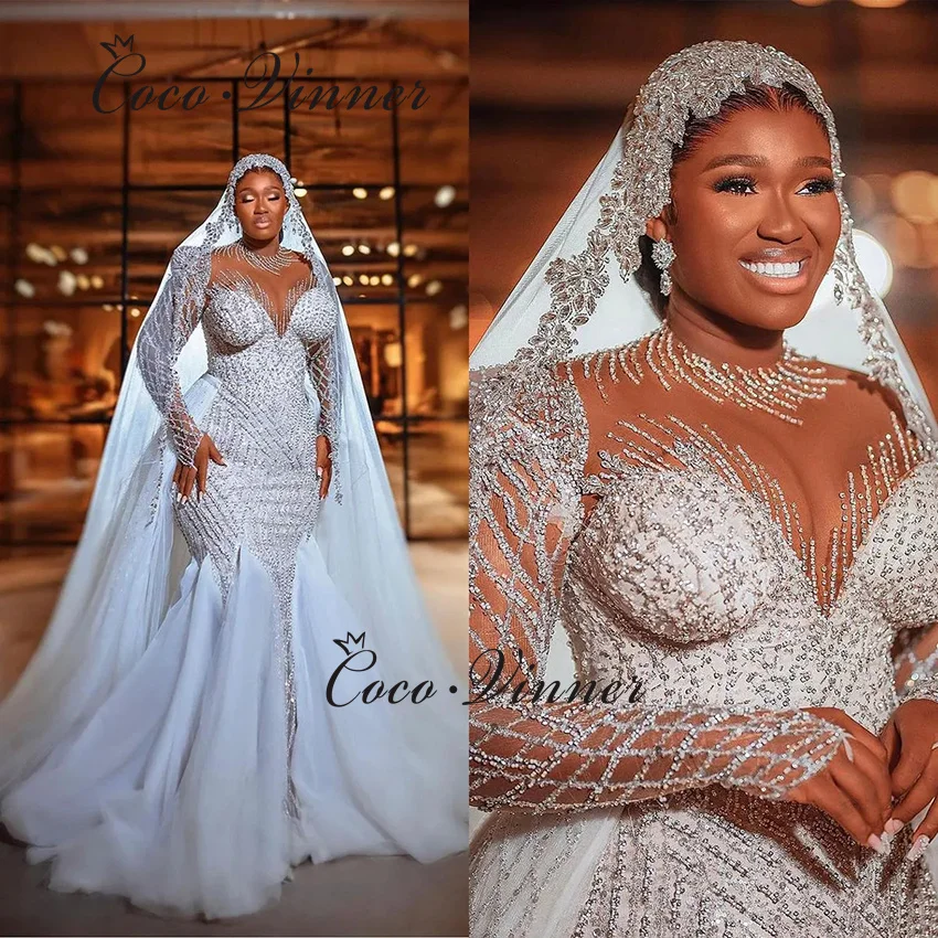 

Роскошное африканское свадебное платье русалки по индивидуальному заказу со съемным хвостом, тяжелые бисерные длинные рукава, свадебные платья 2 в 1, W1440