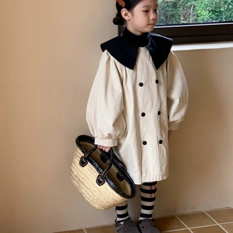 

Children Jacket 2026 Spring Autumn New Girls Korean Color Blocked Collar Jacket Children Double Breasted Bubble Sleeve Coat