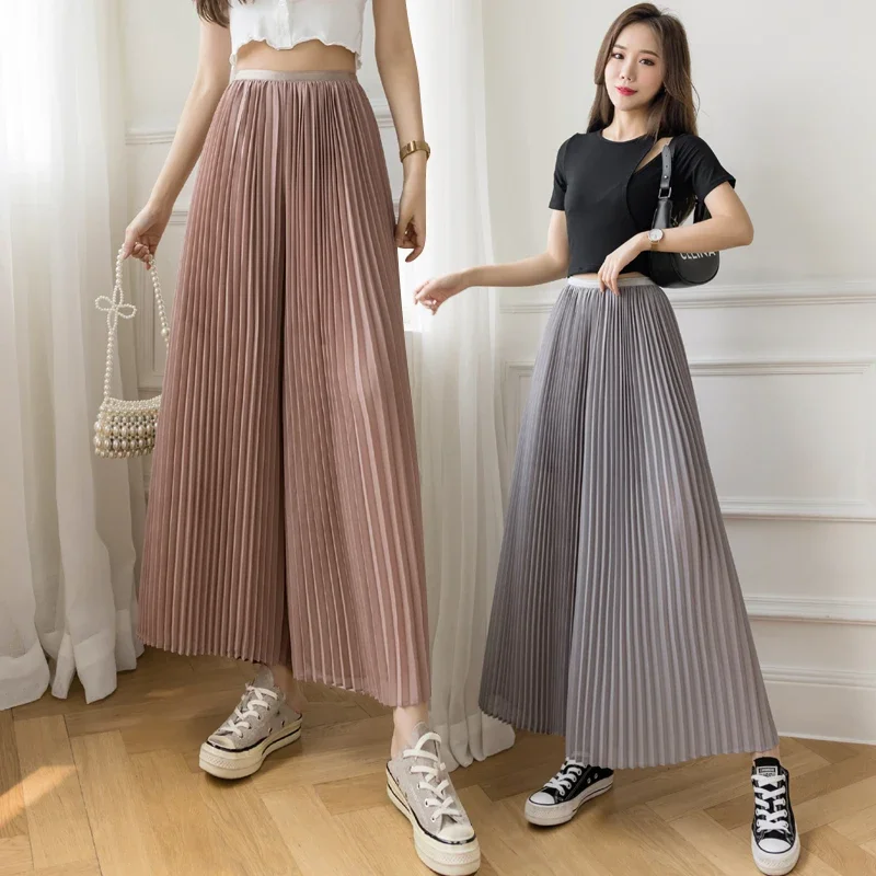 Women Spring Summer High Waist A-Line Pleated Skirt Pants New Fashion Wide-leg Trousers Female Solid Casual Loose Chiffon Pant