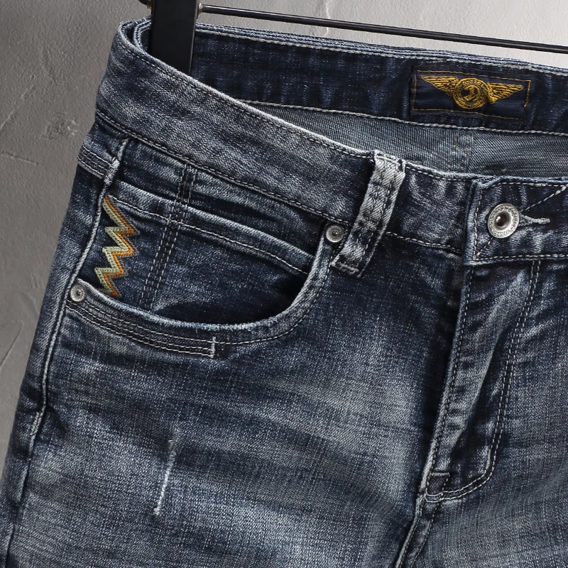 Newly Designer Fashion Men Jeans High Quality Retro Gray Blue Stretch Slim Fit Ripped Jeans Men Embroidery Vintage Denim Pants