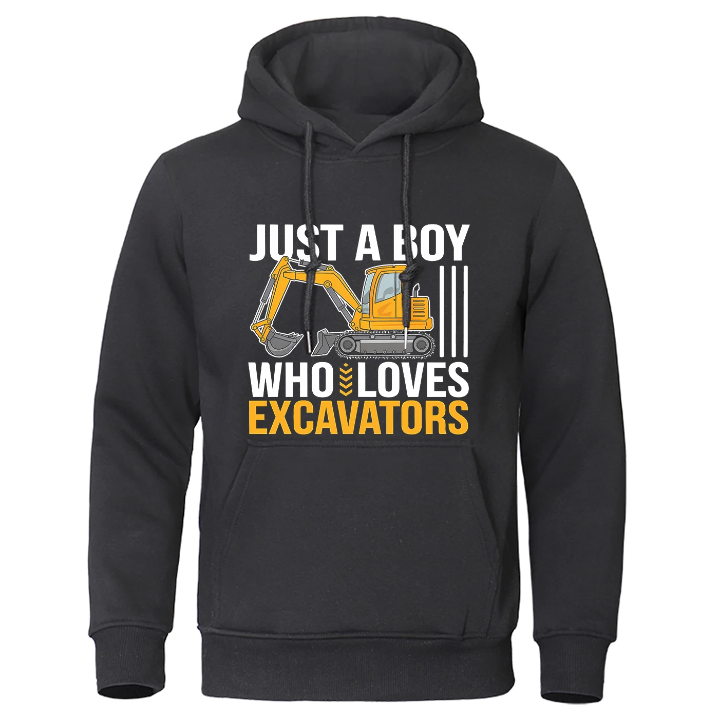 Just A Boy Who Loves Excavators Print Man Sweatshirt Vintage Oversize Hooded Street Casual Hoodie Simple Soft Tracksuit