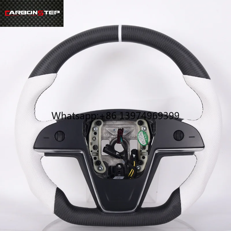 Hot Selling Perforated Leather Matte Carbon Fiber Car Steering Wheel With White Perforated Leather for Tesla