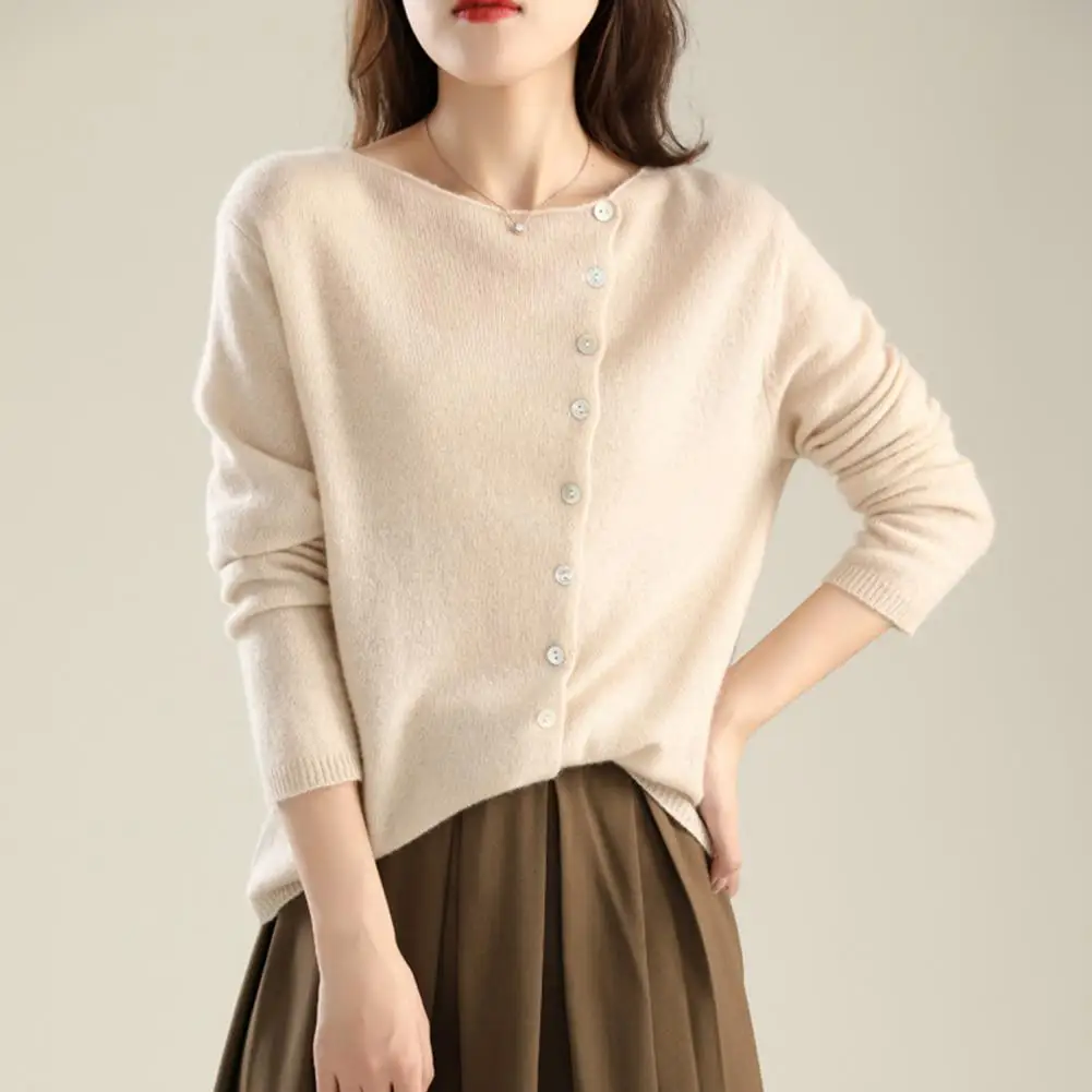 Knitting Tops Women Long Sleeve Round Neck Casual Home Style Top Solid Color Single-Breasted Fitted Stretchy Tee Knitted Shirt