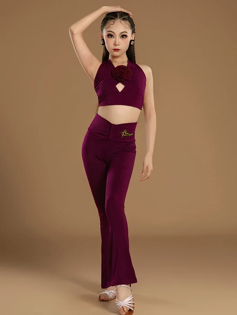 

Kids Girls 3D Flower Halter Lace-up Vest Top Latin Dancewear Trousers Pants Two Piece Sets Competition Dancewear Costumes