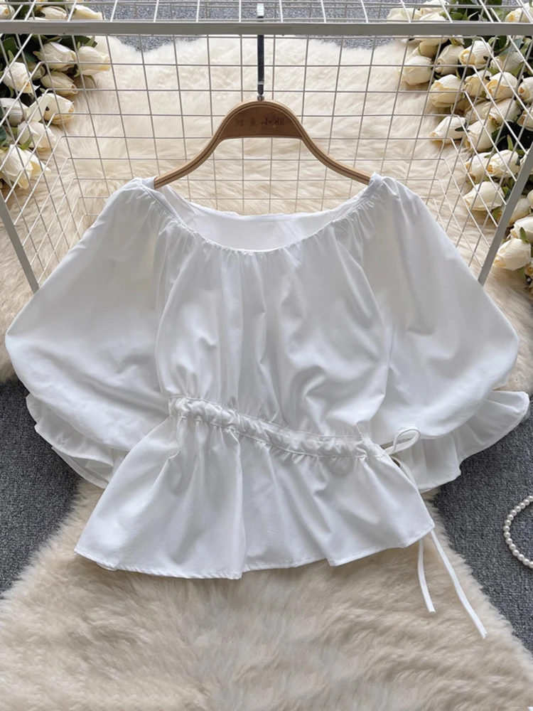 EWQ Summer Casual Irregular Blouse Women Round Neck Puff Sleeves Lace-up Gathered Waist Solid Color Tops 2024 New 27C310