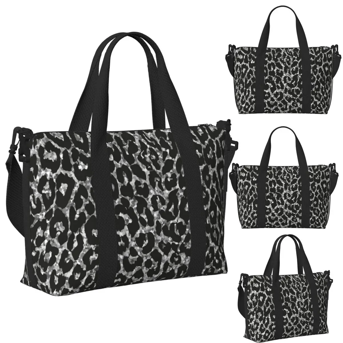 

Silver Glitter LeopardSilver Leopard Beach Travel Bag Large Capacity Tote Bags for Gym Sport Women Shopping Duffle Shoulder Bag