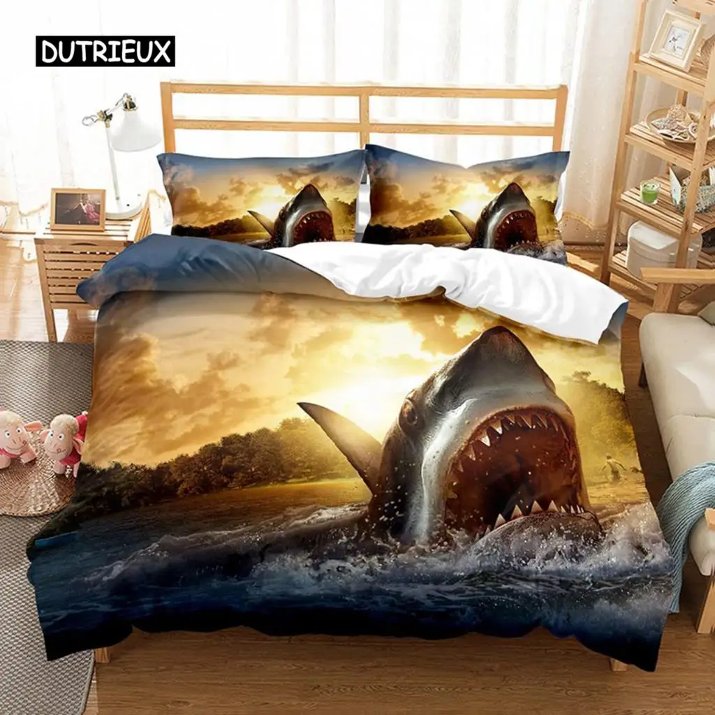 

Shark Duvet Cover Set 3D Shark Jumping From Ocean Big Open Mouth Print Twin Bedding Set Double Queen King Polyester Quilt Cover