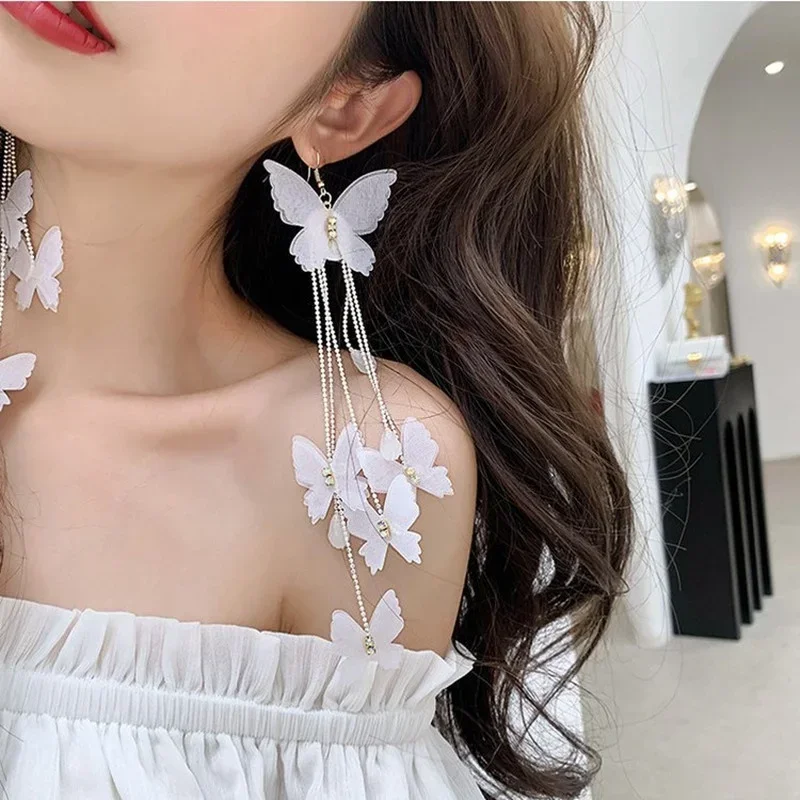 Long White Fashion Butterfly Earrings Bohemian Tassel Earrings Sweet Romantic Lovely Gift Holiday Parties Accessories for Women