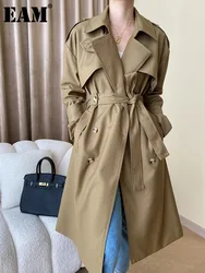 [EAM] Women Khaki Belted Big Size Long Elegant Trench New Lapel Long Sleeve Windbreaker Fashion Tide Spring Autumn 2024 1DH6689