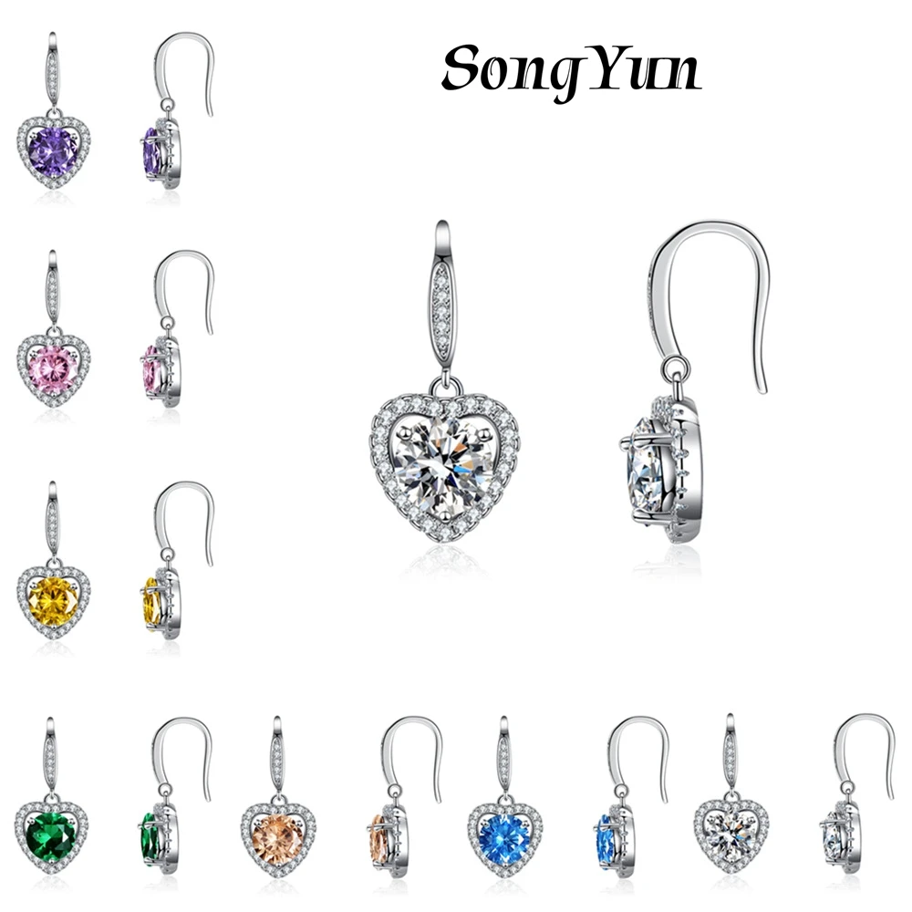 

SY Luxury Jewelry s925 925 Sterling Silver Earrings Drop Fashion Colored CZ Gemstones Drop Pendant Heart Earrings Jewelry
