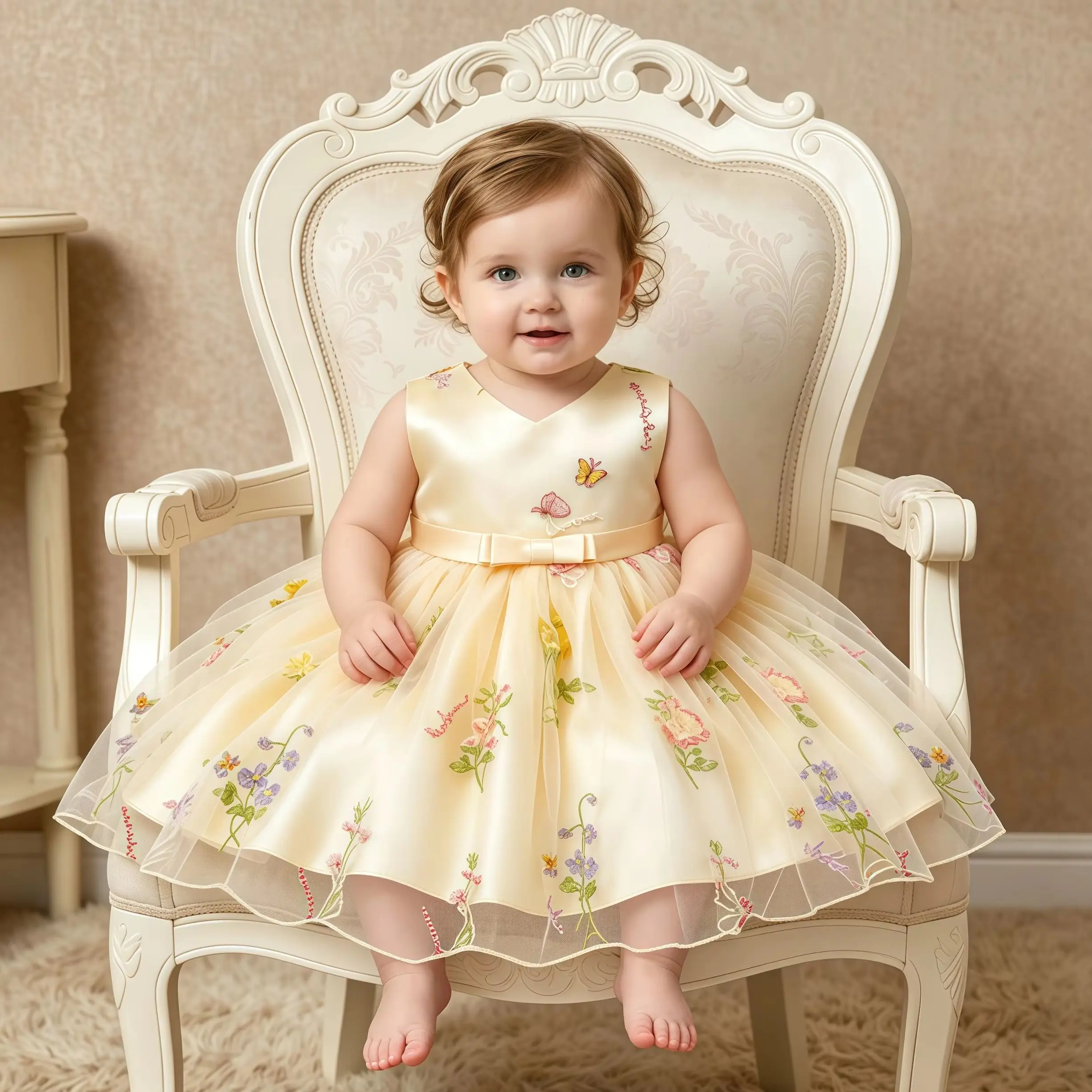 Toddler Girls V Neck Butterfly Birthday Dress Embroidery Flower Tulle Bow For Baby Formal Wedding Party Photo Shoot Baptism Gown