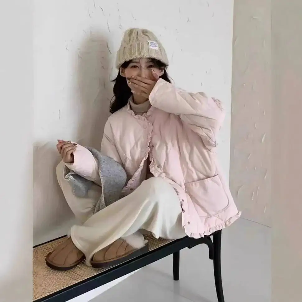 

Women's Loose Fit Short Down Jacket Quilted Cotton Coat Korean Style Autumn Winter Thickened Outerwear Long Sleeve Regular