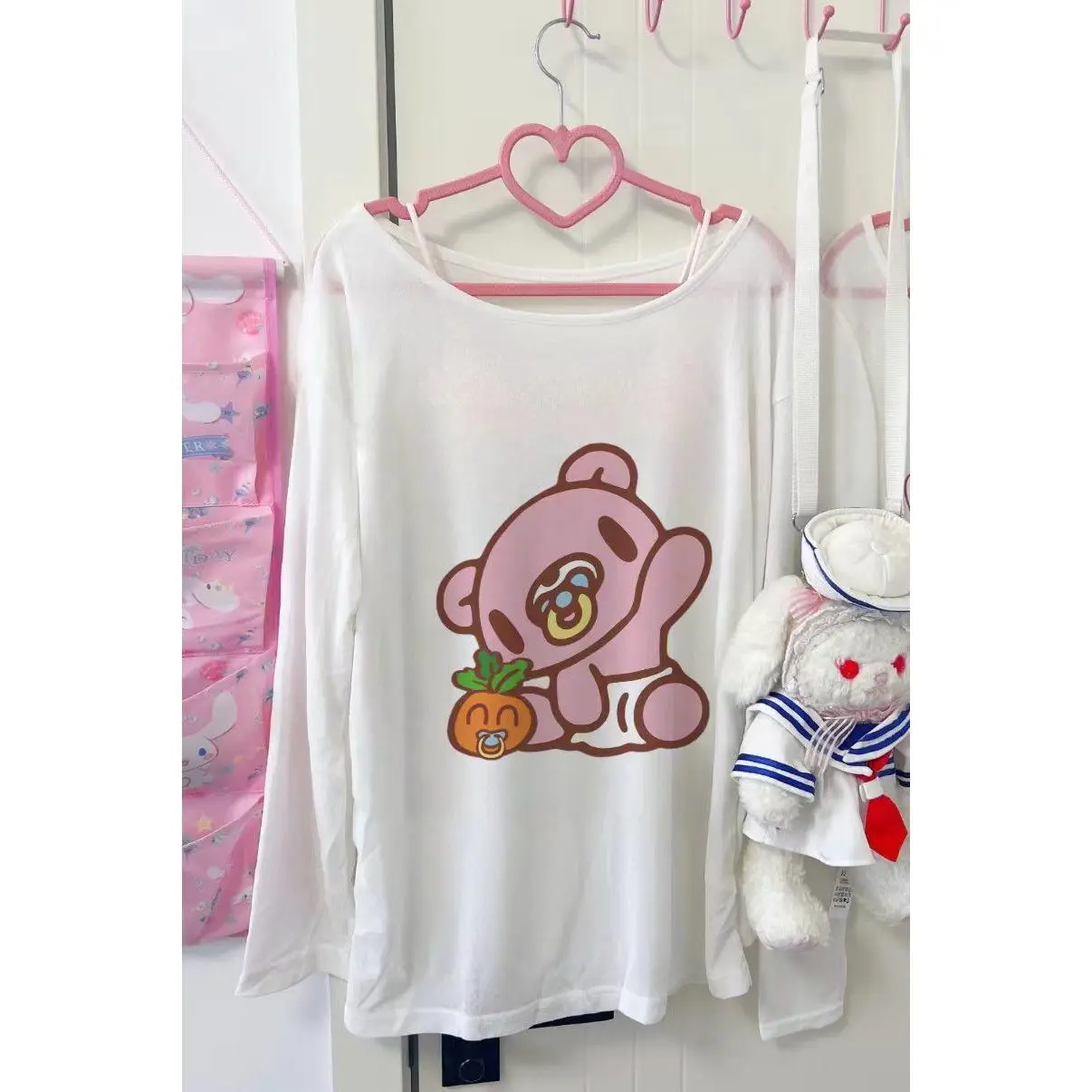 Spring Autumn Japanese Sweet Y2K Long Sleeve T Shirt Women's Cartoon Bear Print Loose Top Subculture Casual Yami Kawaii Shirt
