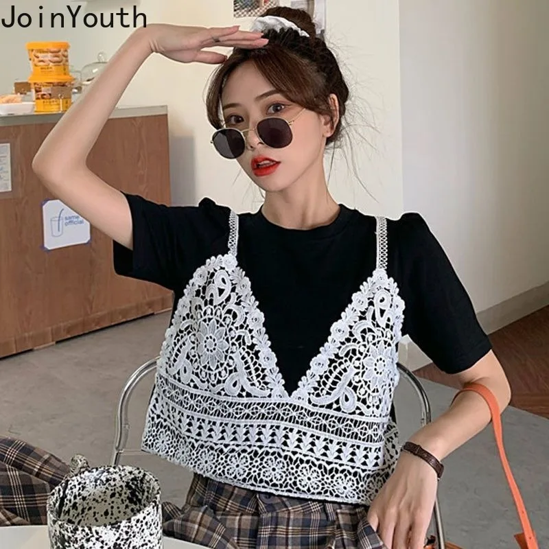 Fake Two Tshirts Women\'s Clothing Korean Summer Tees Crop Tops Ropa Mujer Patchwork Lace Casual Short Sleeve Fashion T Shirts