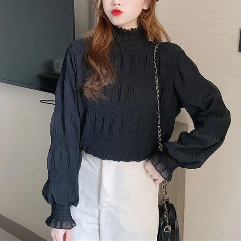 Basic Solid Color Fashion Shirring Shirt Folds Turtleneck Autumn Winter Thin Long Sleeve Women\'s Clothing Korean Sweet Blouse