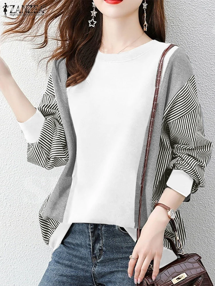 2024 ZANZEA Casual Loose Shirt Stylish Autumn Sweatshirts Women Long Sleeve Work Blouse Striped Patchwork Tops Female Pullovers