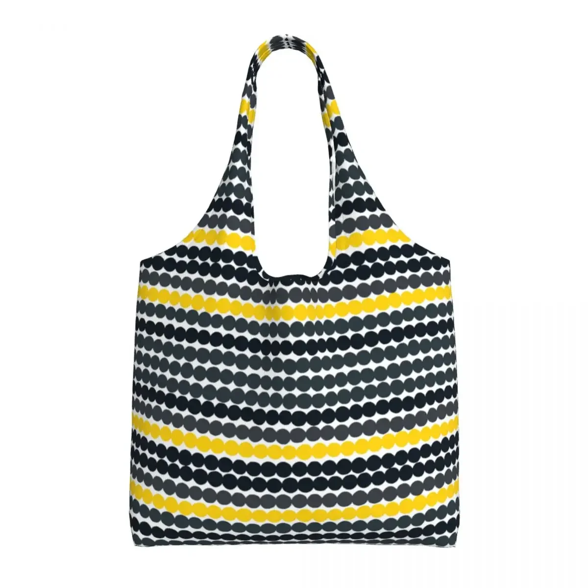 

Custom Art Black Yellow Circle Print Canvas Shopping Bag Women Recycling Large Capacity Groceries Modern Style Shopper Tote Bags