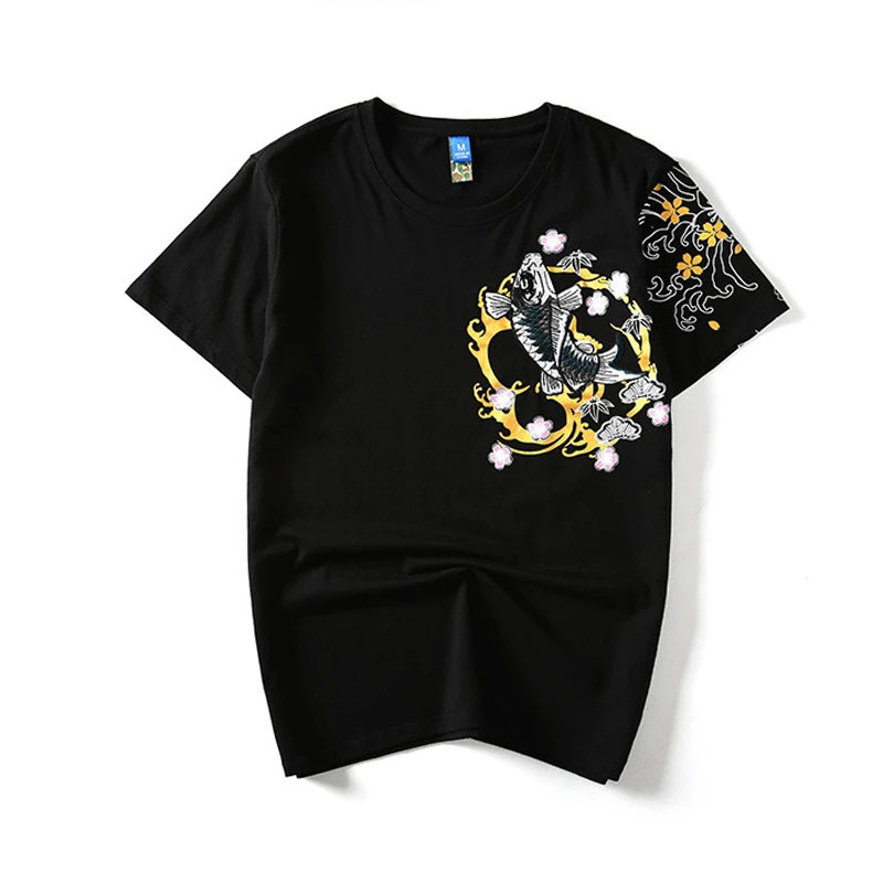 Lyprerazy Retro Japan Embroidery T Shirt Koi Fish Print White Tops Tees Summer Harajuku Men Hip Hop Tshirt Streetwear T-Shirt