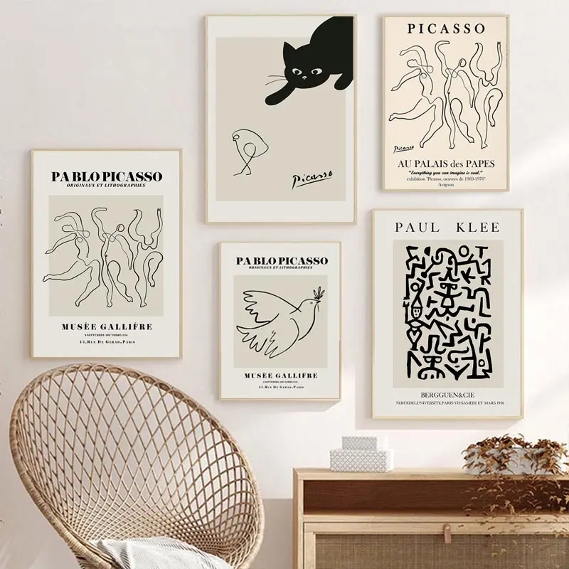 

Pablo Picasso Exhibition Posters and Prints Black Cat Line Vintage Canvas Painting Modern Gallery Wall Art Pictures Home Decor