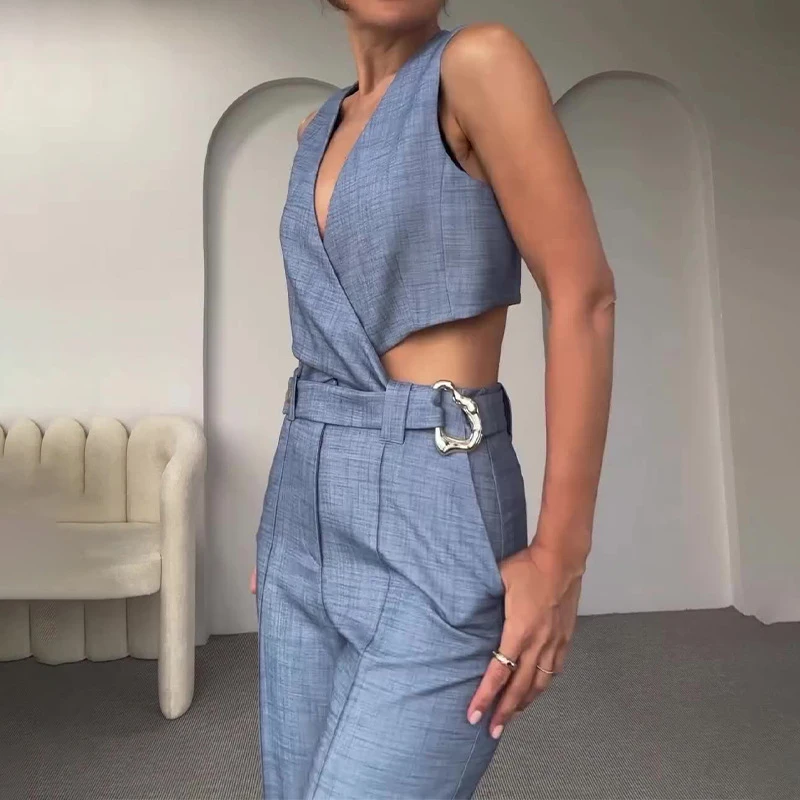 

Elegant Pocket Solid Color Straight Outfit Ladies Sexy V-neck Sleeveless Top + Pants Suit Fashion Temperament Slim Two Piece Set