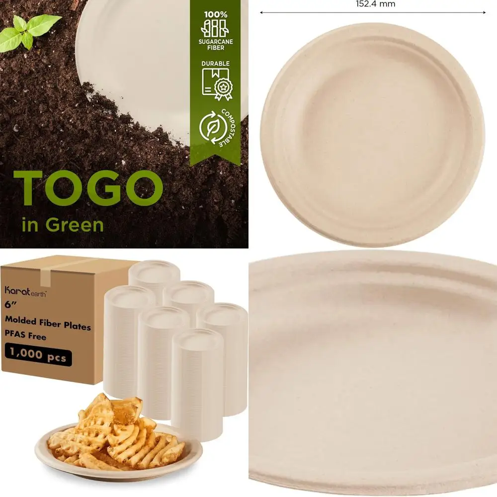 

1000-Count 6 Heavy-Duty Compostable Paper Plates - Bulk Eco-Friendly Molded Fiber, Natural