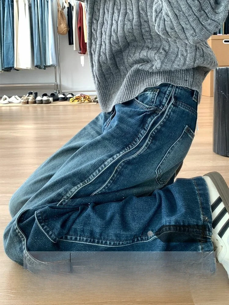 

Широкие джинсы большого размера в американском стиле ретро, женские осенне-зимние новые прямые свободные утягивающие брюки длиной до пола
