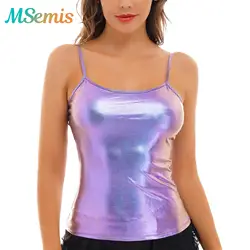 Women Shiny Metallic Yoga Dance Hip Hop Costume Patent Leather Spaghetti Shoulder Straps Sleeveless Vest Top Clubwear Tank Top