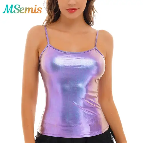 Disfraz metálico brillante para mujer, Yoga, danza, Hip Hop, charol, tirantes finos, chaleco sin mangas, Top, ropa para discoteca, camiseta sin mangas