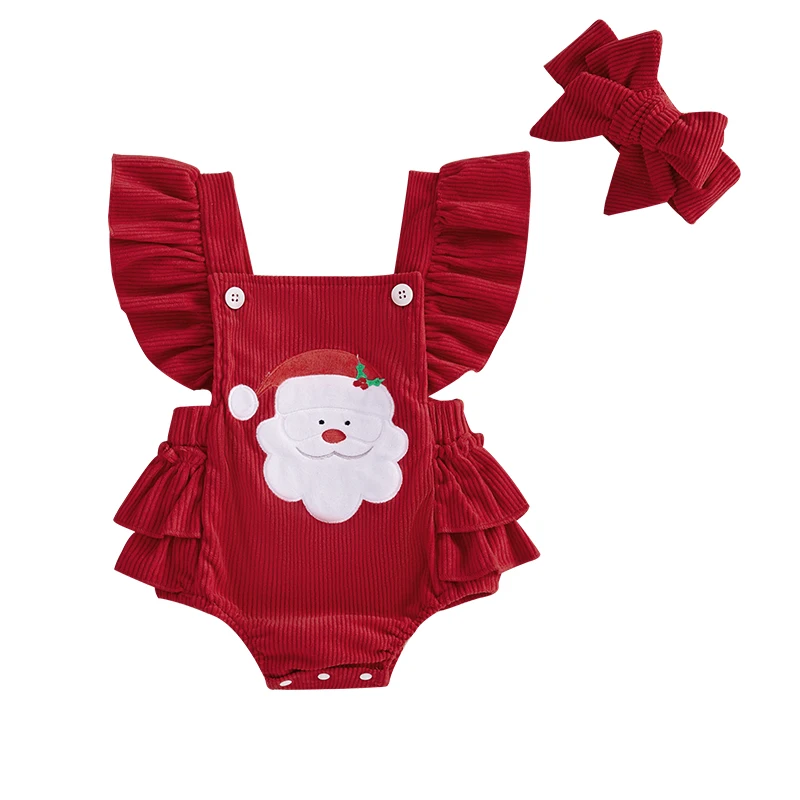 

Baby Girl Overalls Romper Christmas Tree Santa Embroidered Sleeveless Square Neck Corduroy Jumpsuits Headband