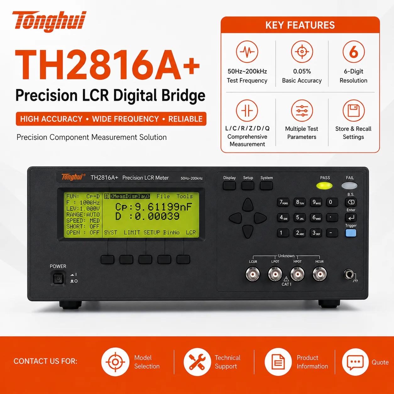 Tonghui TH2816A+ TH2816B+ Precision LCR Meter, 50Hz-200kHz, 0.05% Accuracy, Digital Component Tester