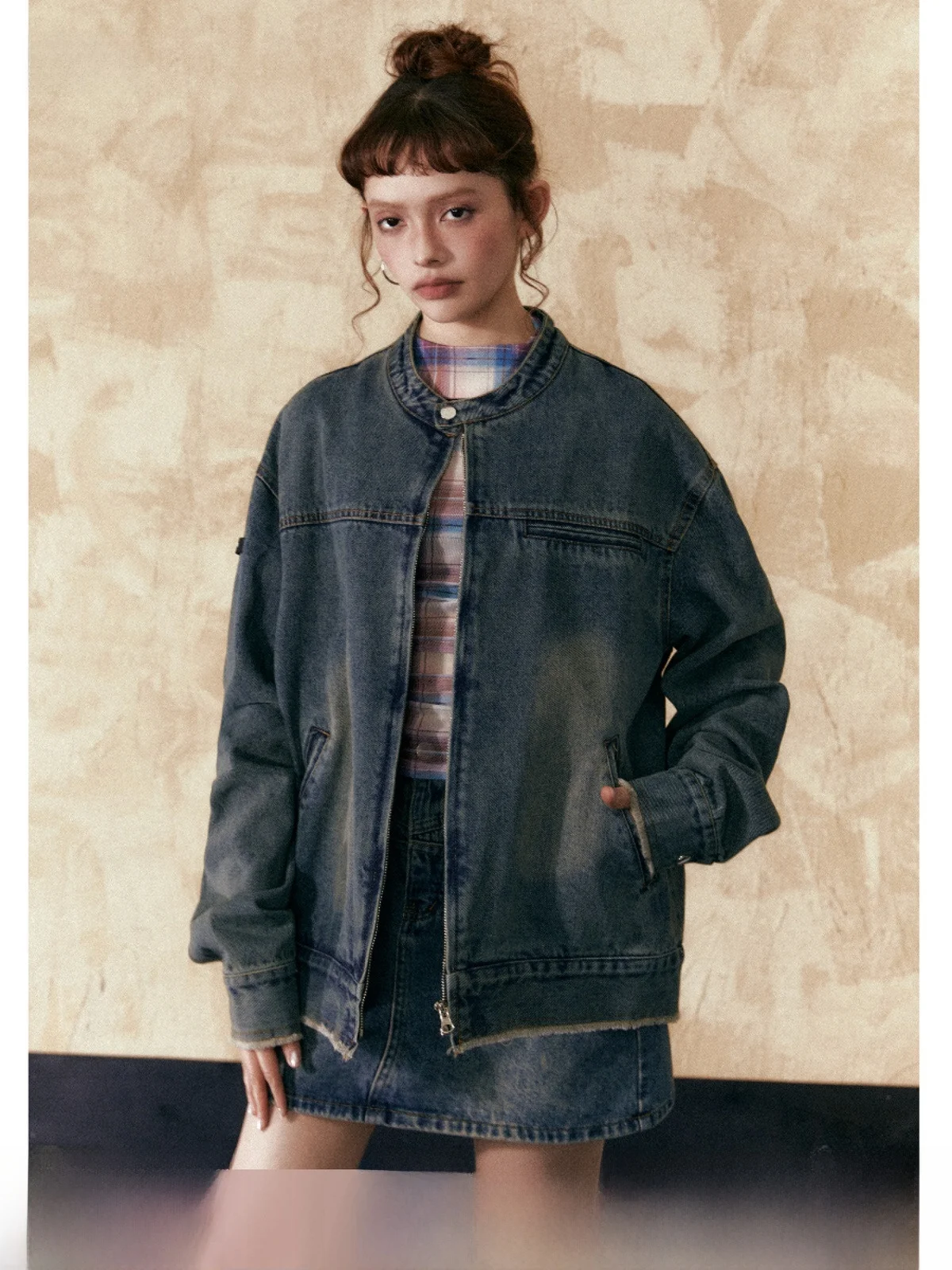 

Ezek Original Design American Retro Sle Loose Women's Denim Jaet Spring New Arrival Breathable Cotton Polyester Blend