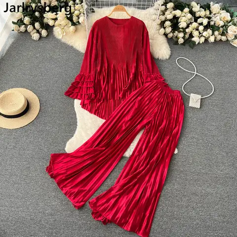 Pleated Elegant Summer Fashion Set For Women's 2023 Red Irregular Bubble Sleeve Loose Chic Top+Two Piece Wide Leg Pants Outfit