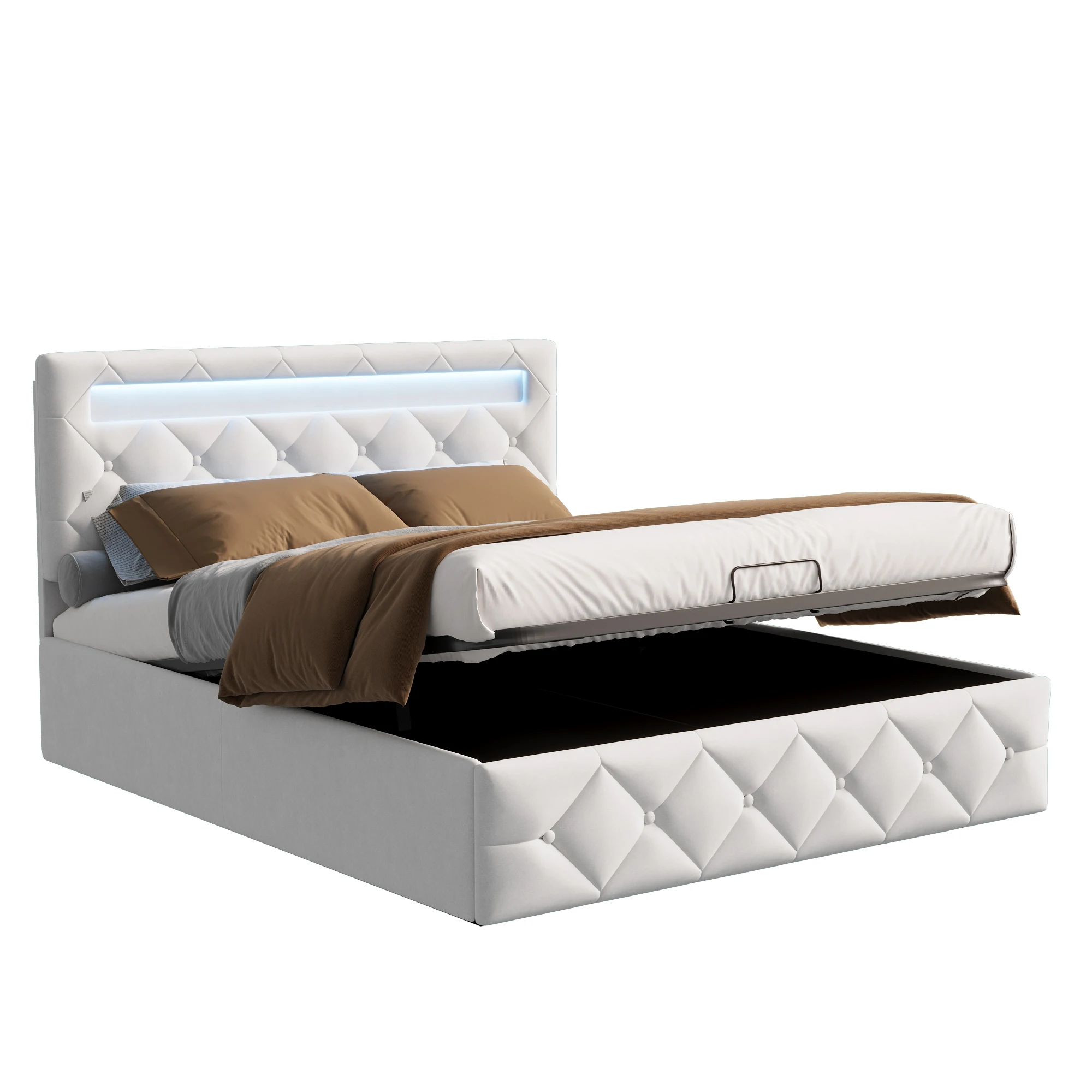 fangange Modern tweepersoonsbed Gestoffeerd bed 140/160x200 cm Opbergruimte Hydraulisch bed Elegant tweepersoonsbed, beige fluweel, zonder matras - afbeelding 2