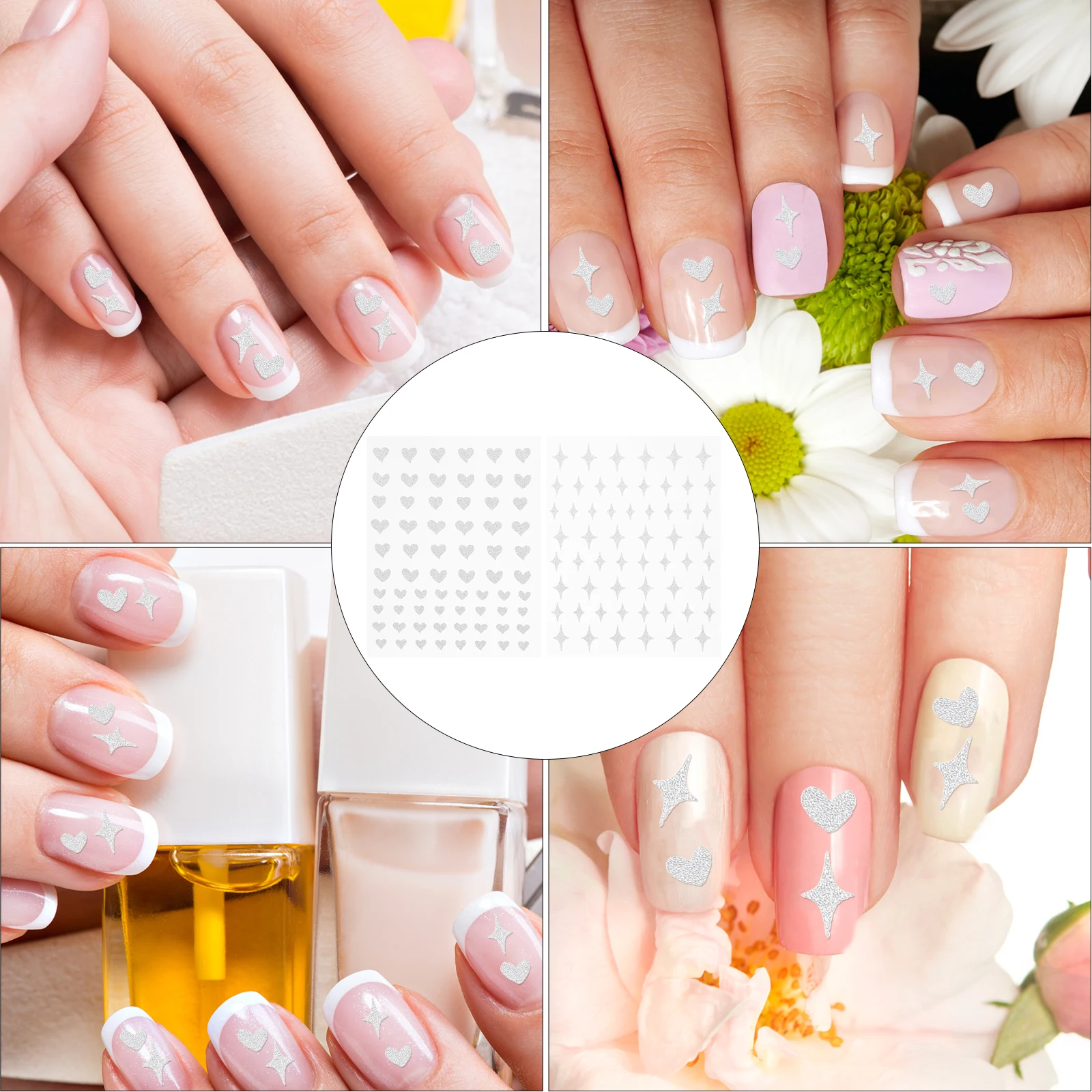 

6 Sheets Silver Glitter Nail Stickers for Art Heart Decal Star Decals with Adhesive Manicure