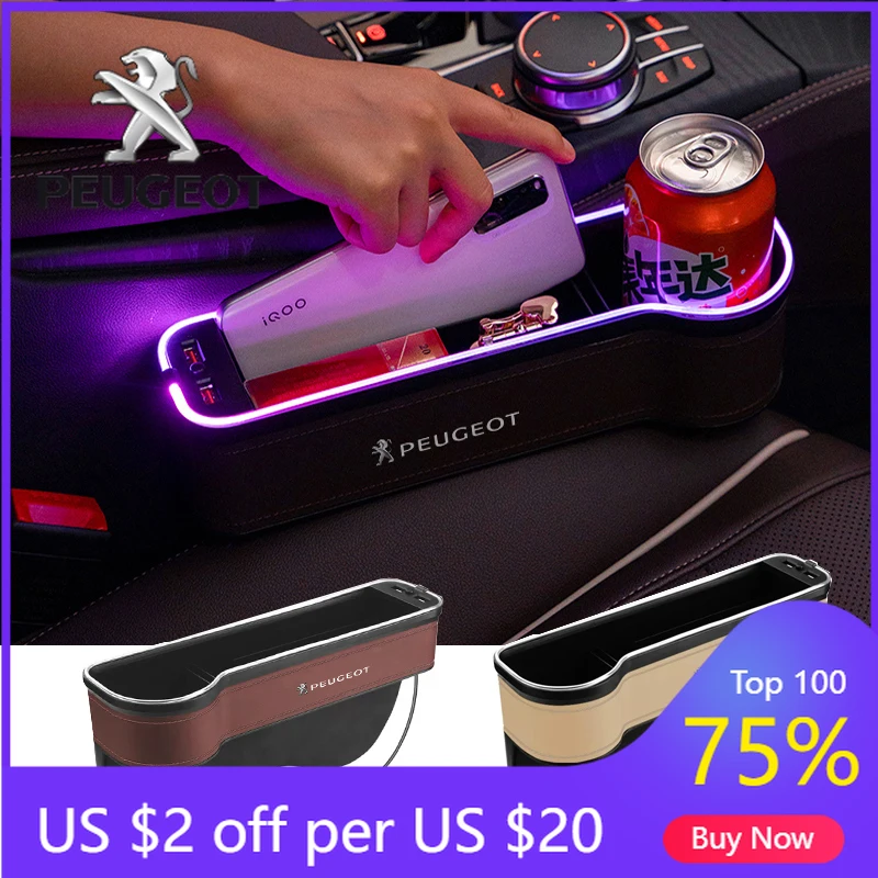 

2026 Hot Car Sticker Car accessories atmosphere LED Light SeatGap Storage Box Organizer For Peugeot 408 4008 308 3008 508 106 20