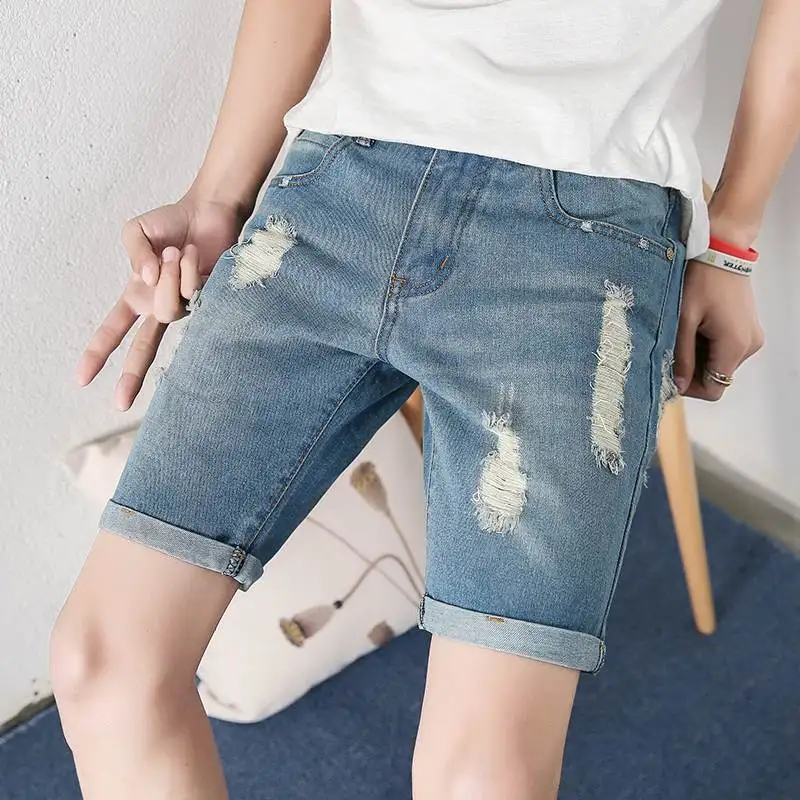 

Summer Men's Casual Half-Length Denim Shorts Trendy Slim Fit Youth Popular Thin Jeans Fabric Water-Washed Style for Teens