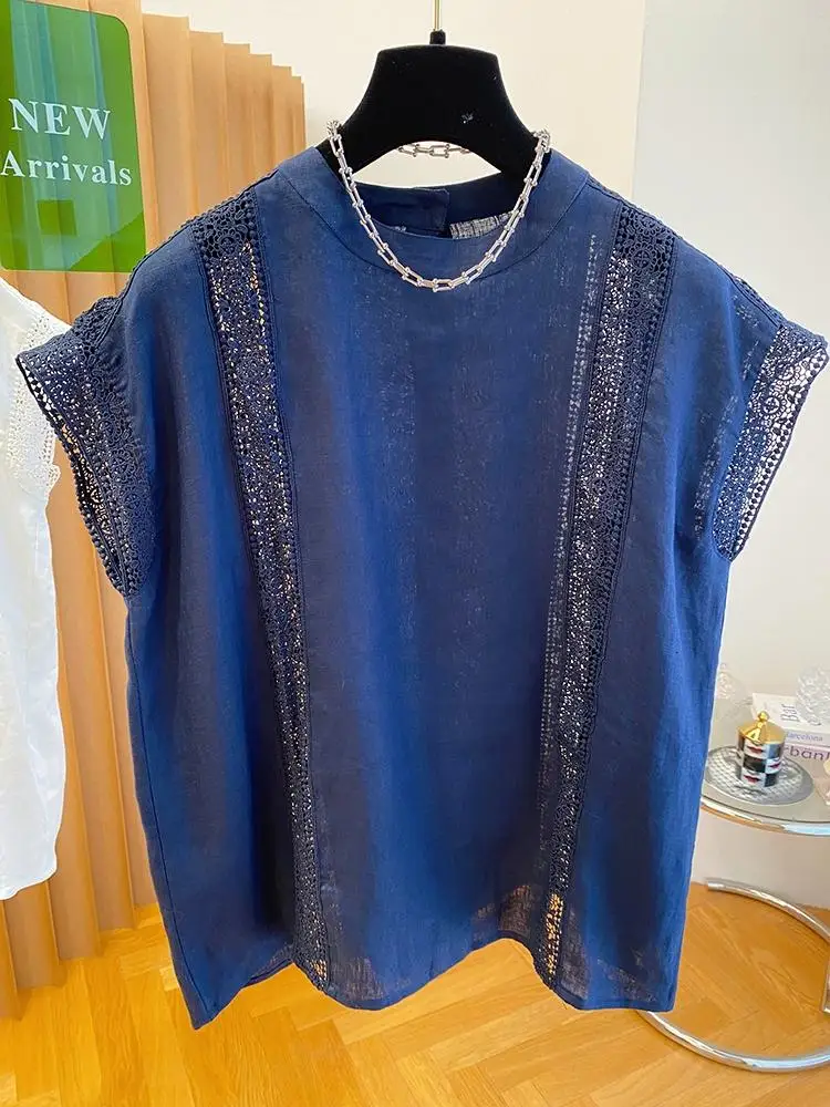 Blusa feminina cor sólida verão oco pulôver renda solta camisas de manga curta camisas y blusas mujer topo 2025 novo