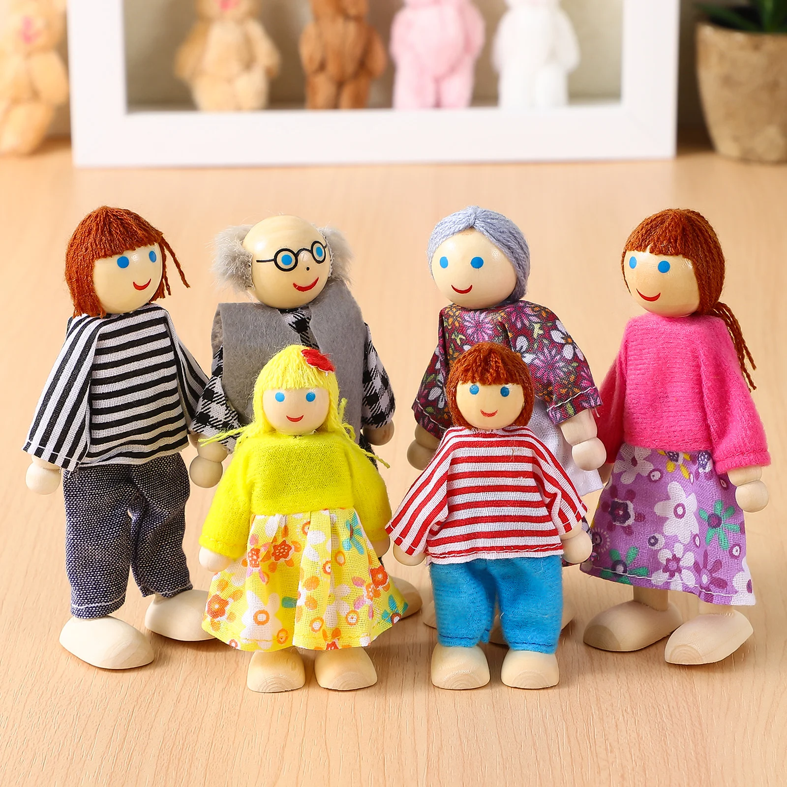 6 Pcs Play Scene Toys Game Wooden Figures Movable Costume Dolls House People Bamboo