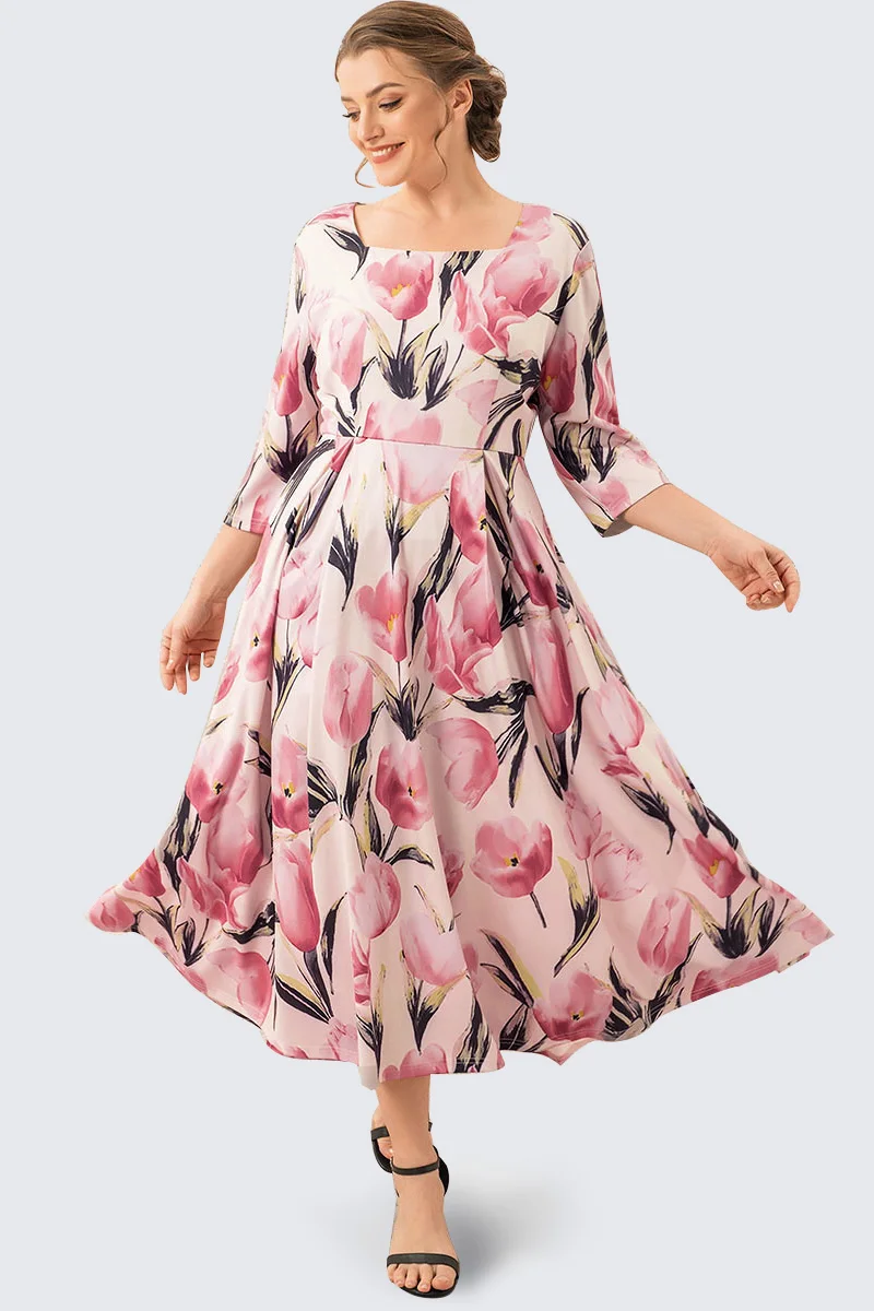 Women Plus Size Floral Print Dress Square Collar 3/4 Sleeve Sweet Casual Vintage Elegant A-Line Pleated Summer Fashion Dresses