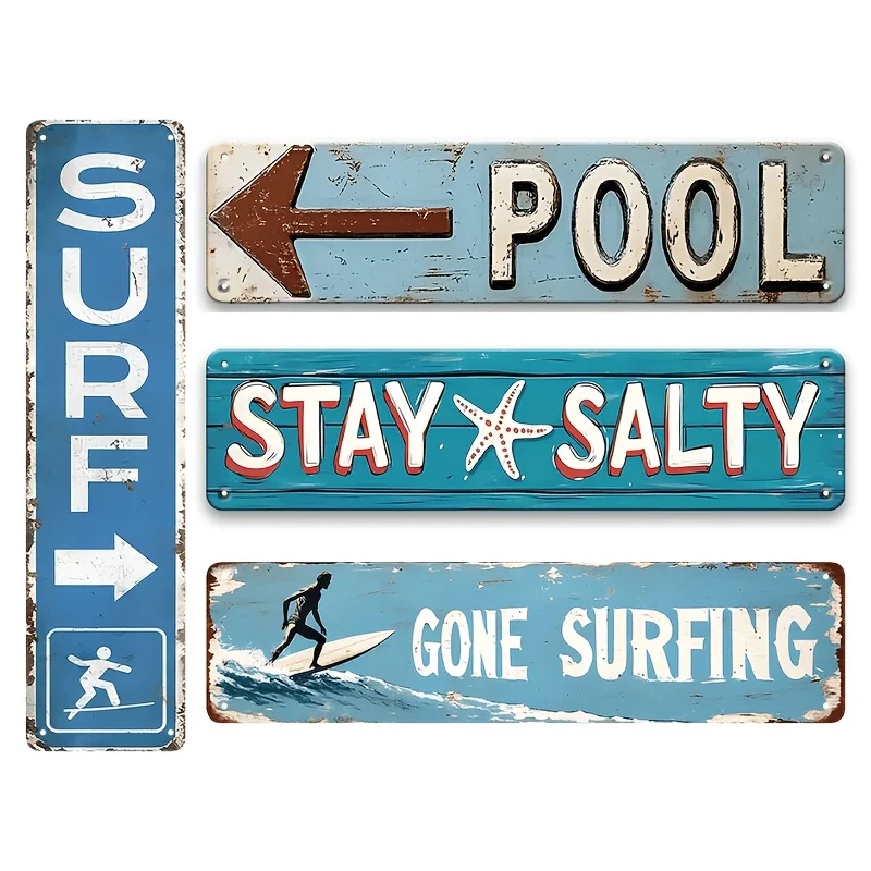 4pcs Vintage Beach And Pool Metal Signs Set, Surf Up And Stay Salty Wall Decor Retro Rustic Tin Signs For Pool, Beach House, Bar