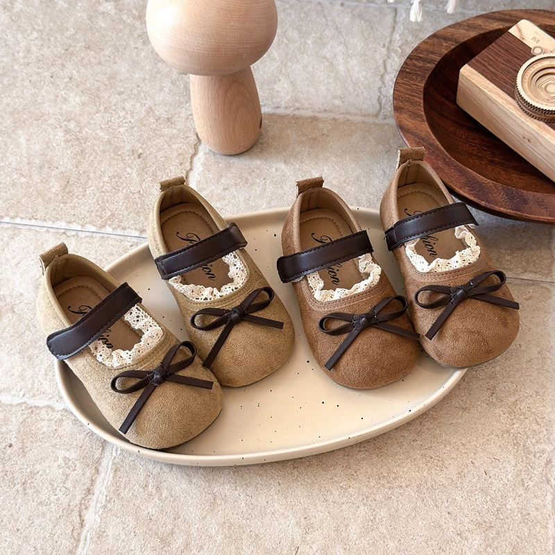 Kids Leather Shoes Spring Autumn Korean Style Girls Causal Shoes Ruffled Edge Bow Children Fashion Princess Flat Shoes Round-toe