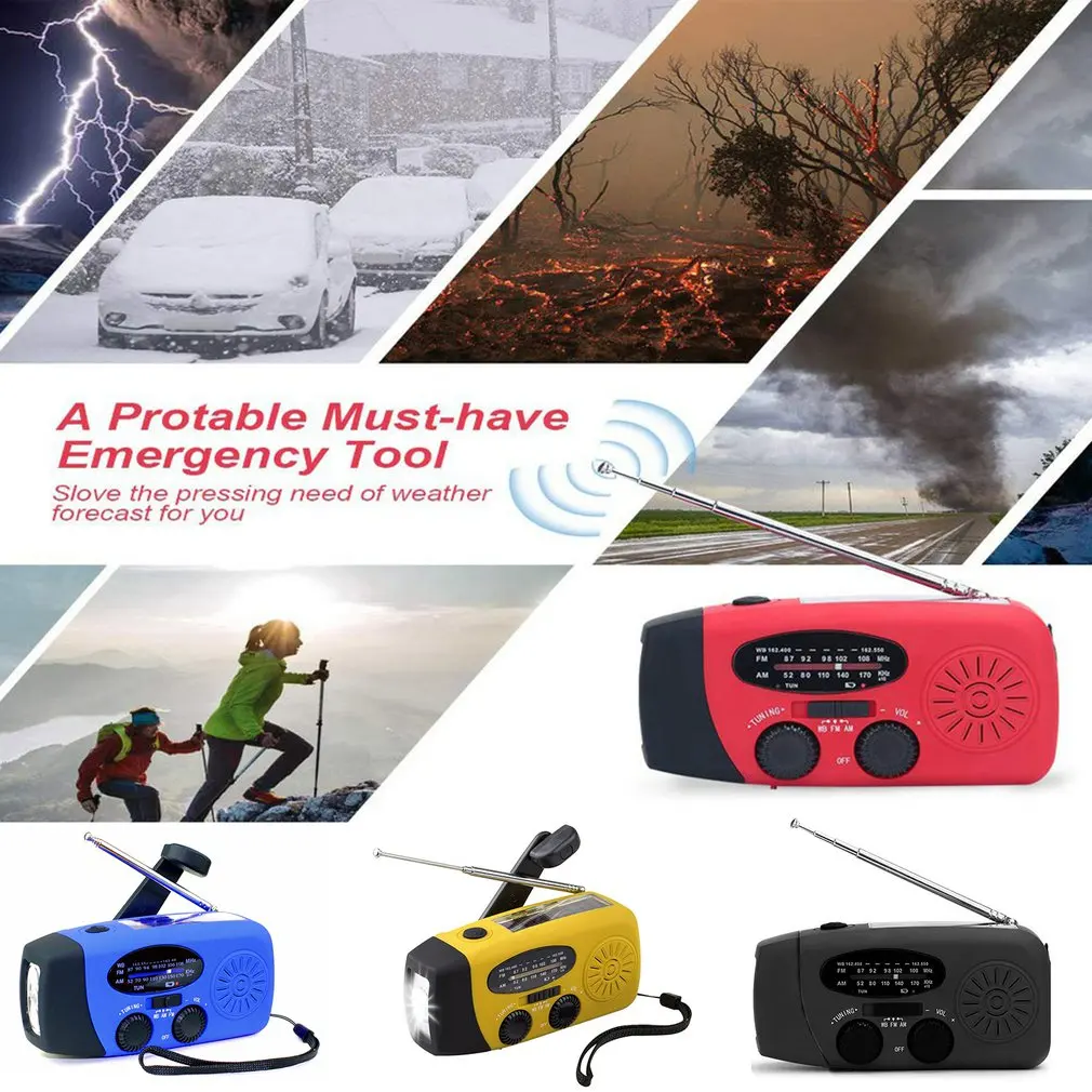 USB Charge Radio Protable Solar Hand Crank Dynamo Powered AM/FM/NOAA Weather Radio Emergency Rescue LED Flashlight Mobile Power