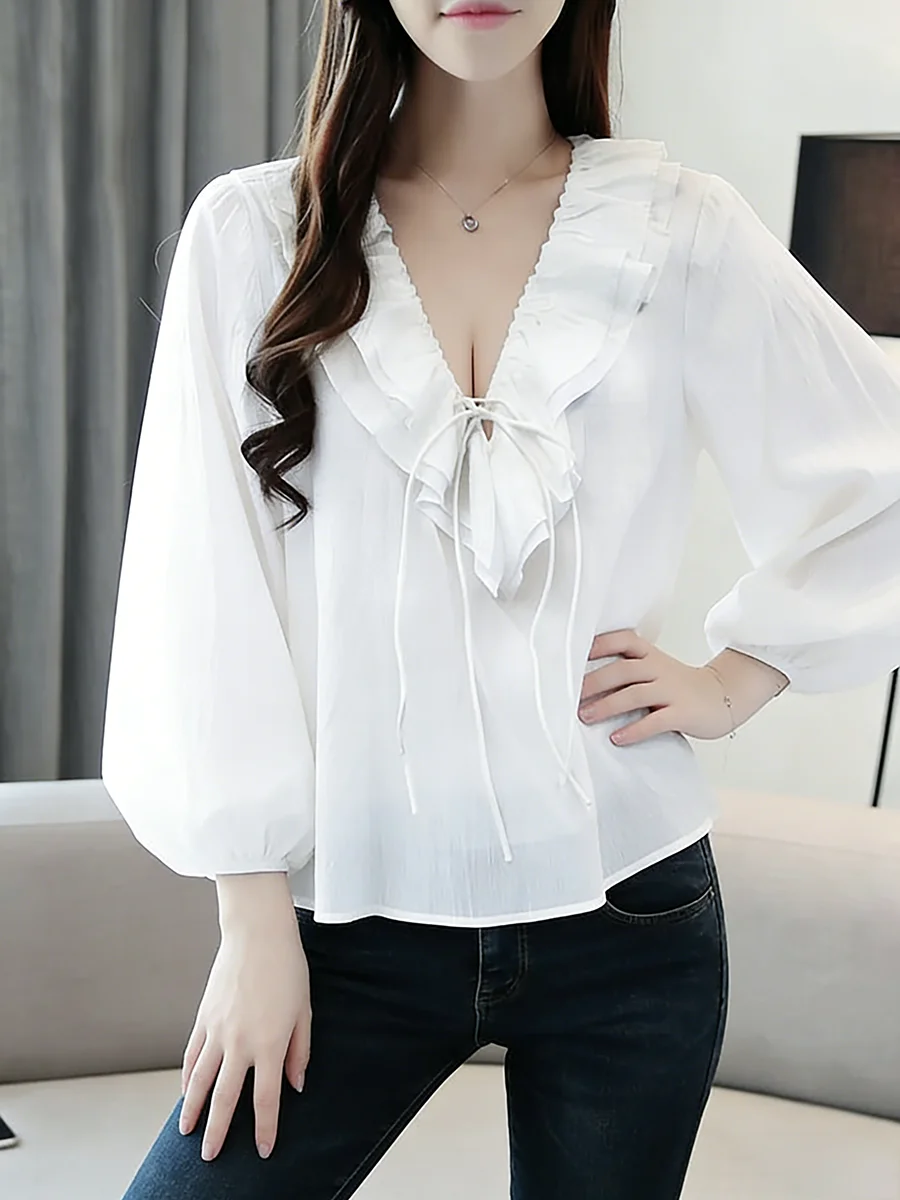 

Women's Blouse V Neck Ruffle Tie Puff Sleeve Solid Textured Loose Blouses Casual Blouse Spring Chic Blouse Daily Light Tops
