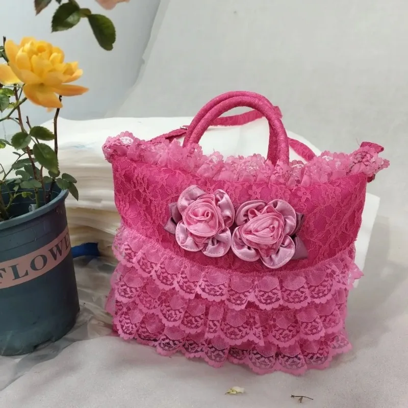2026 New Retro Lace Flower Decor Tote Bag Women Gothic Ruffle Large Capacity Handbag Ladies Lolita Romantic Shoulder Bag Y2k